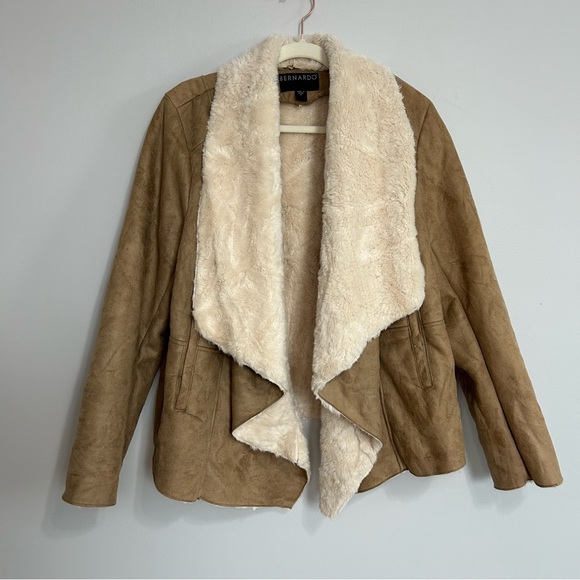 Bernardo Women's Tan Faux Suede Fur Lined Shearling Open Front Coat Size 1X - Picture 1 of 7